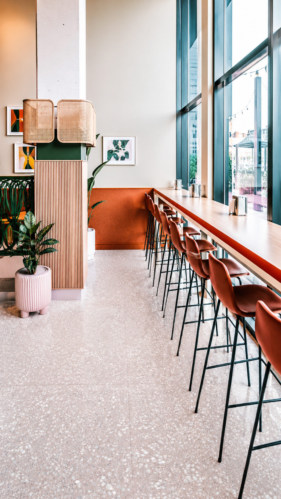 Toto terrazzo tile installed in a bright cafe interior