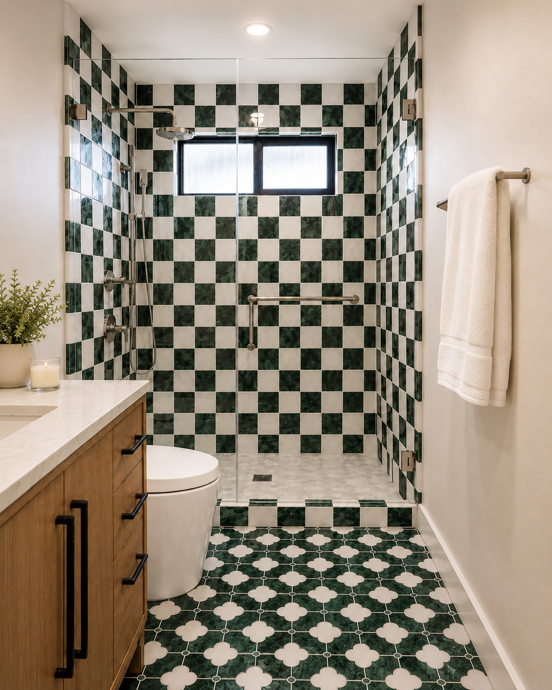 Verdant Fleur green marble mosaic shower visualization