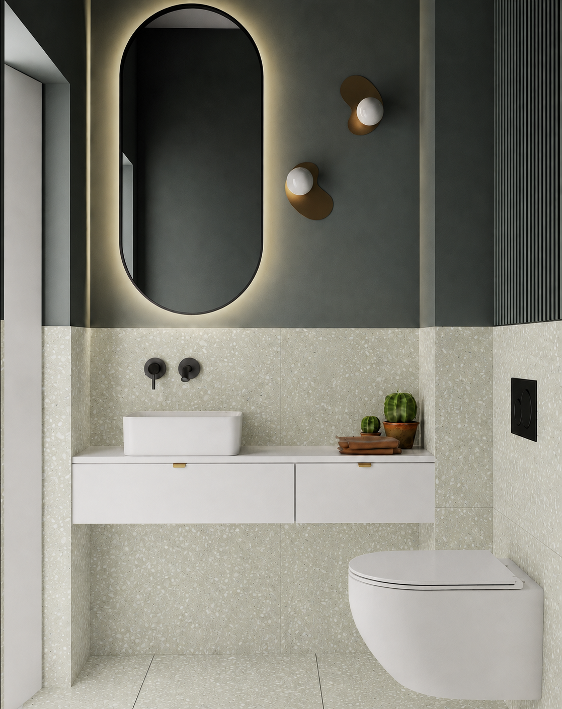 Wicked terrazzo tile installed in a bathroom with olive green wall
