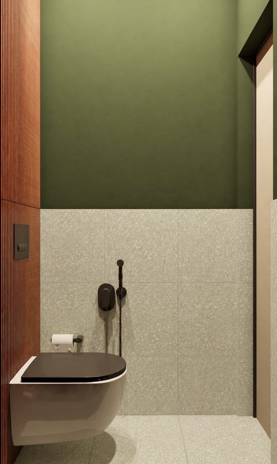 Wicked terrazzo tile installed in a modern bathroom with dark green walls